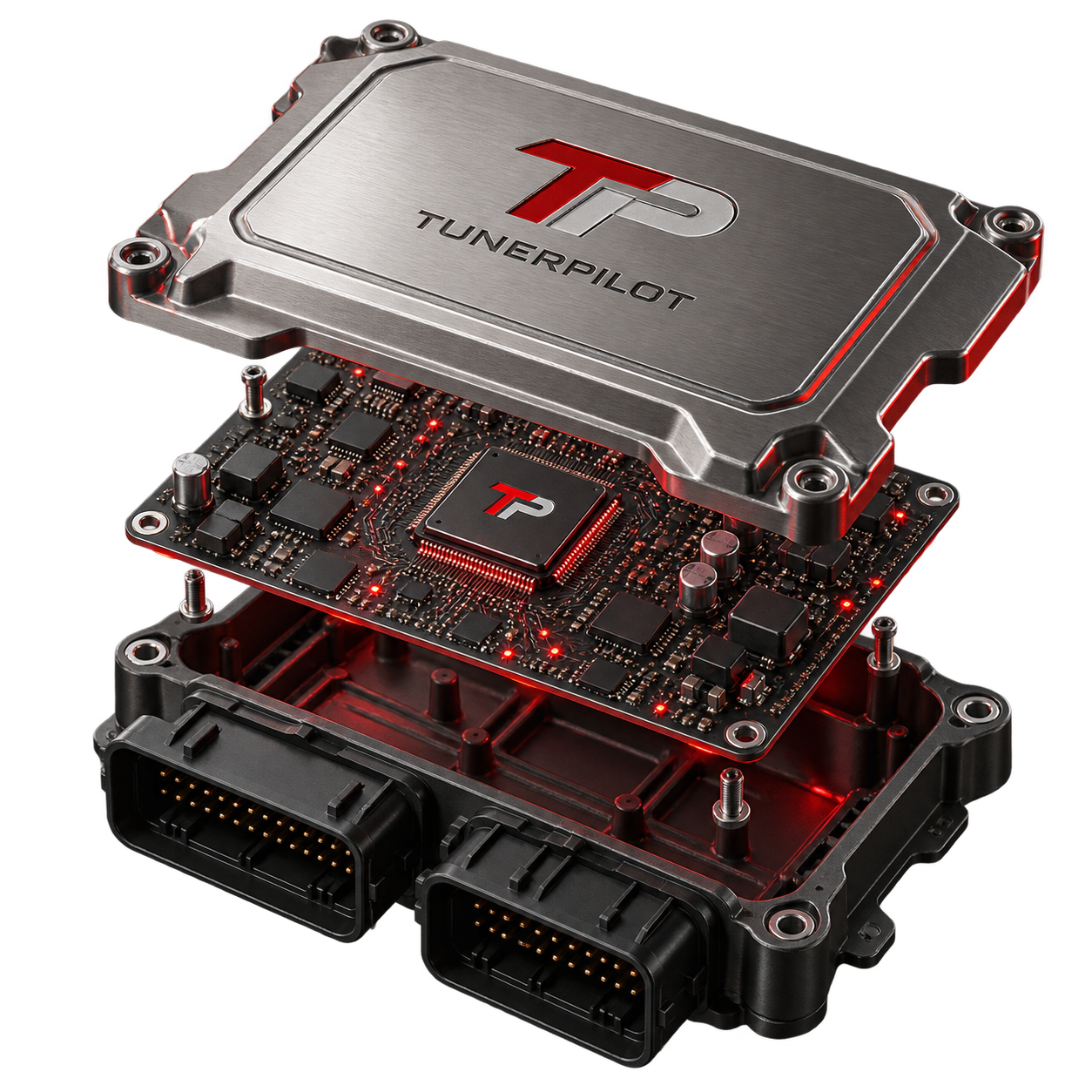 Exploded titanium ECU with a TunerPilot branded processor